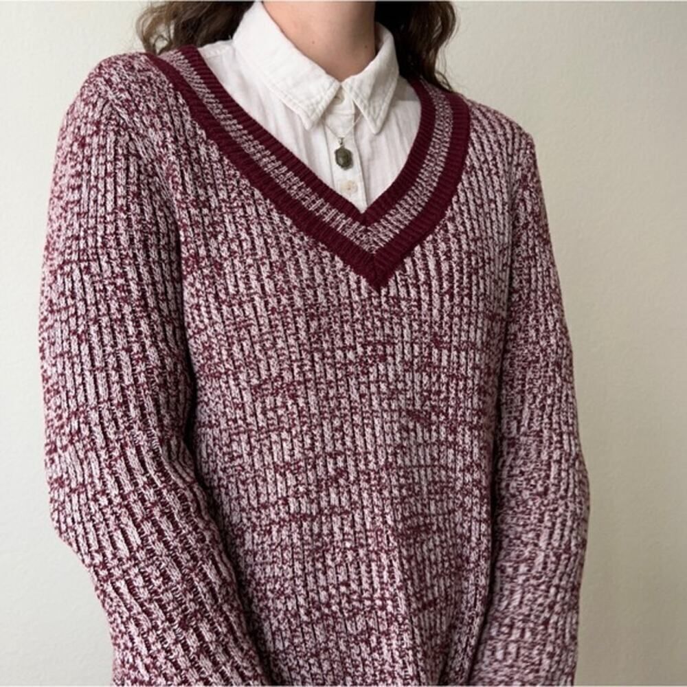 Maison Jules Marled Knit Sweater Burgundy V Neck Preppy Size S Dark Academia